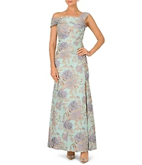 Adrianna Papell Asymmetrical Neck Side Slit Floral Jacquard Long Gown