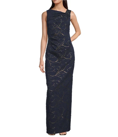 Adrianna Papell Asymmetrical Sleeveless Jacquard Metallic Floral Gown