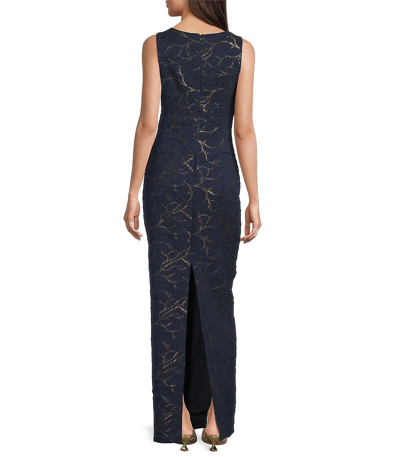 Adrianna Papell Asymmetrical Sleeveless Jacquard Metallic Floral Gown