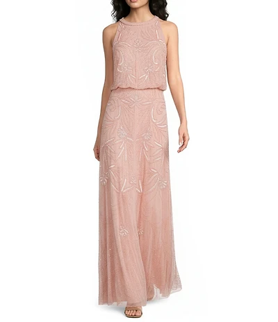 Adrianna Papell Bead Halter Neck Sleeveless Blouson Long Dress