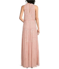 Adrianna Papell Bead Halter Neck Sleeveless Blouson Long Dress