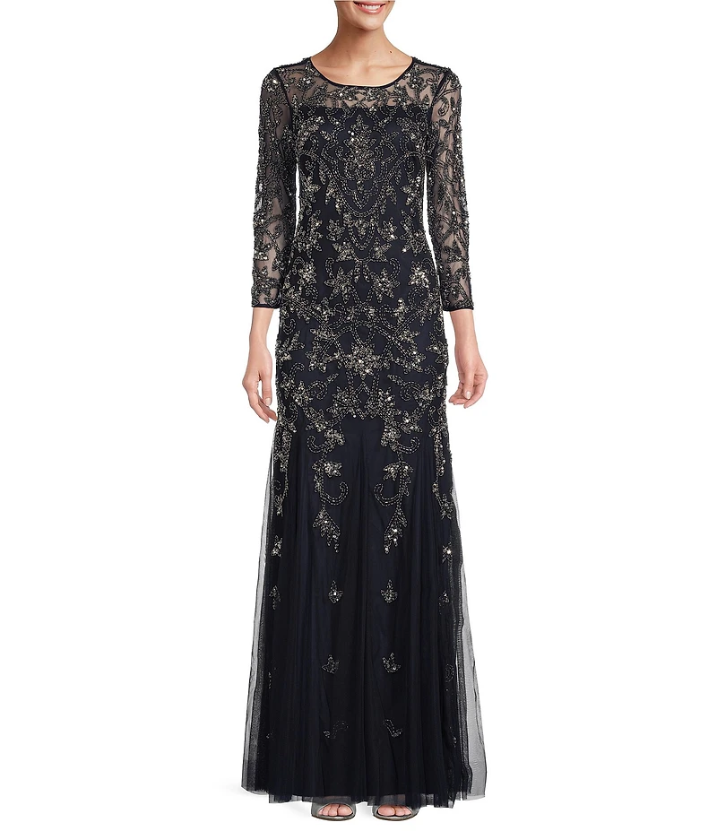 Adrianna Papell Beaded Illusion 3/4 Sleeve Scoop Neck Gown