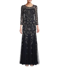 Adrianna Papell Beaded Illusion 3/4 Sleeve Scoop Neck Gown