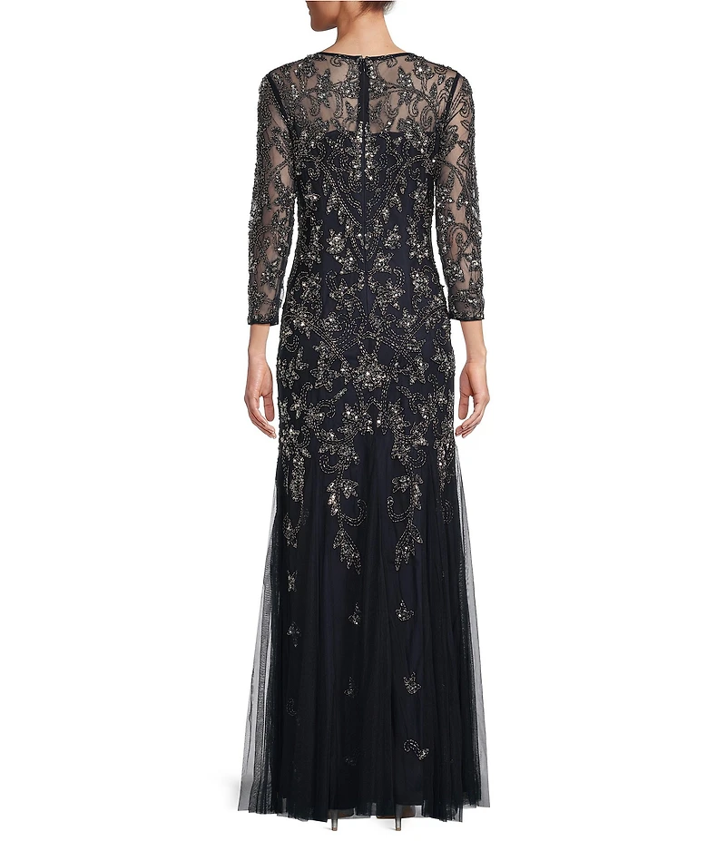 Adrianna Papell Beaded Illusion 3/4 Sleeve Scoop Neck Gown