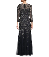 Adrianna Papell Beaded Illusion 3/4 Sleeve Scoop Neck Gown