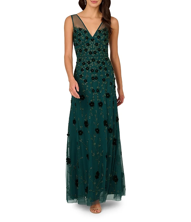 princess polly baby blue dress Adrianna Papell Beaded 3D Floral Mesh V-Neck Sleeveless Gown