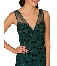 Adrianna Papell Beaded 3D Floral Mesh V-Neck Sleeveless Gown
