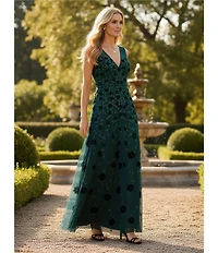 Adrianna Papell Beaded 3D Floral Mesh V-Neck Sleeveless Gown