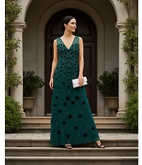 Adrianna Papell Beaded 3D Floral Mesh V-Neck Sleeveless Gown