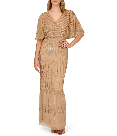 Adrianna Papell Beaded Short Flutter Sleeve V-Neck Blouson Gown