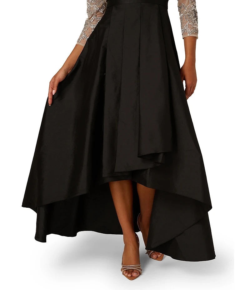 Adrianna Papell Beaded Boat Neck 3/4 Sleeve Taffeta Hi Low Skirt Gown