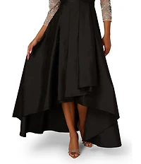 Adrianna Papell Beaded Boat Neck 3/4 Sleeve Taffeta Hi Low Skirt Gown