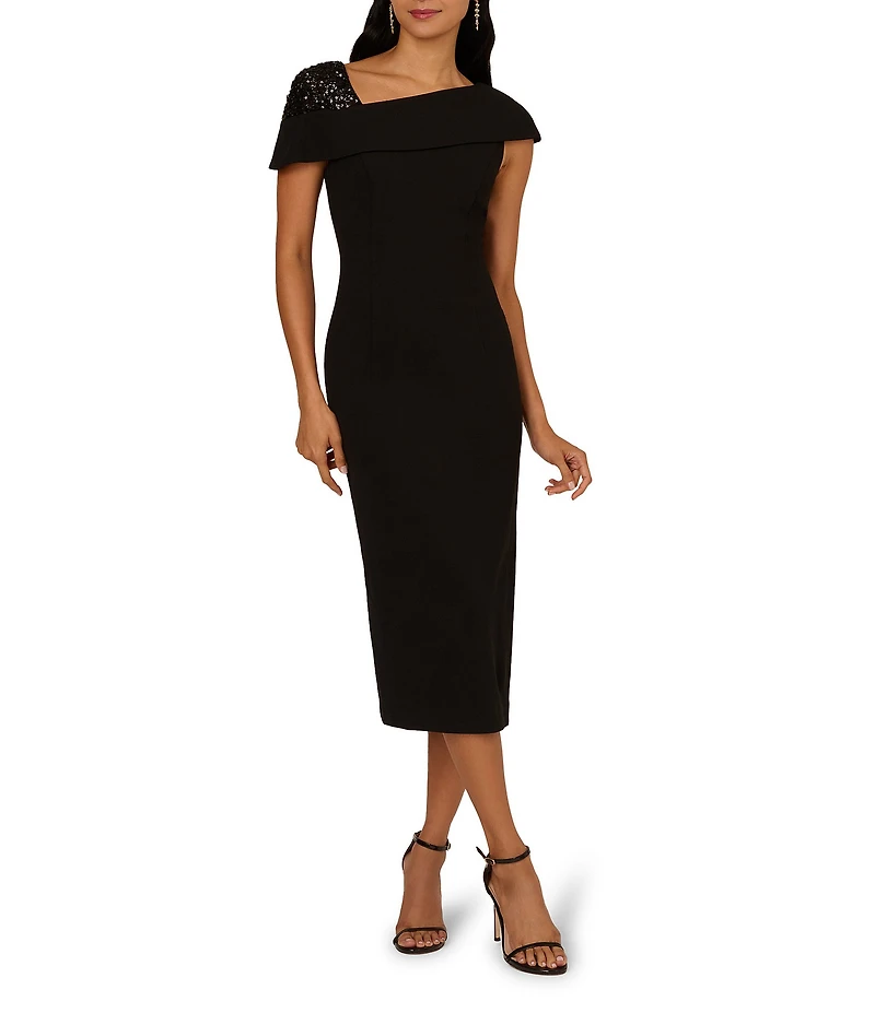 Adrianna Papell Beaded Crepe Asymmetrical Neck One Shoulder Cap Sleeve Sheath Midi Dress
