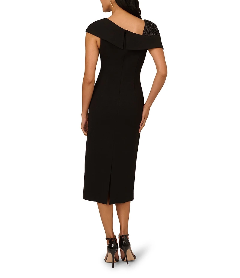 Adrianna Papell Beaded Crepe Asymmetrical Neck One Shoulder Cap Sleeve Sheath Midi Dress