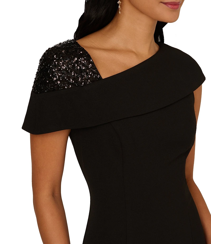 Adrianna Papell Beaded Crepe Asymmetrical Neck One Shoulder Cap Sleeve Sheath Midi Dress