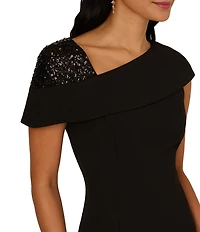 Adrianna Papell Beaded Crepe Asymmetrical Neck One Shoulder Cap Sleeve Sheath Midi Dress