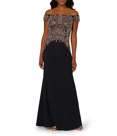 Adrianna Papell Beaded Crepe Bodice Off-The-Shoulder Sheath Dress
