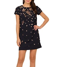 Adrianna Papell Beaded Crepe Crew Neck Cap Sleeve Shift Dress