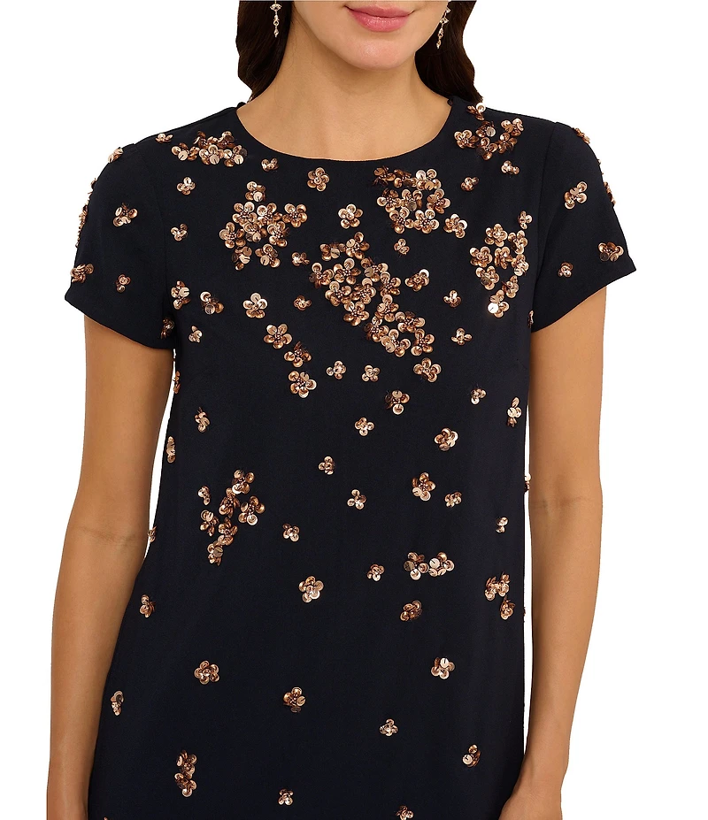 Adrianna Papell Beaded Crepe Crew Neck Cap Sleeve Shift Dress