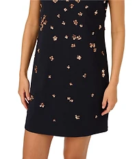 Adrianna Papell Beaded Crepe Crew Neck Cap Sleeve Shift Dress