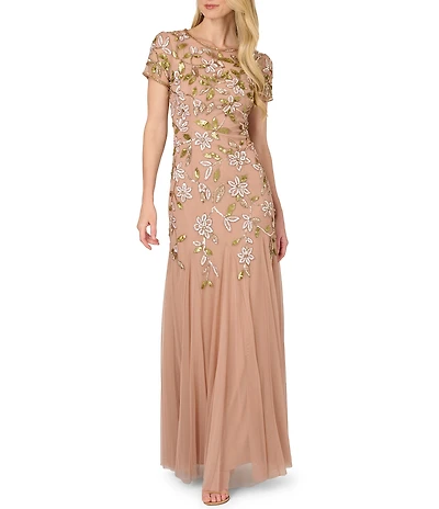Adrianna Papell Beaded Floral Motif Crew Neck Short Sleeve Long Gown