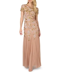 Adrianna Papell Beaded Floral Motif Crew Neck Short Sleeve Long Gown