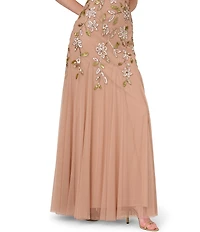 Adrianna Papell Beaded Floral Motif Crew Neck Short Sleeve Long Gown