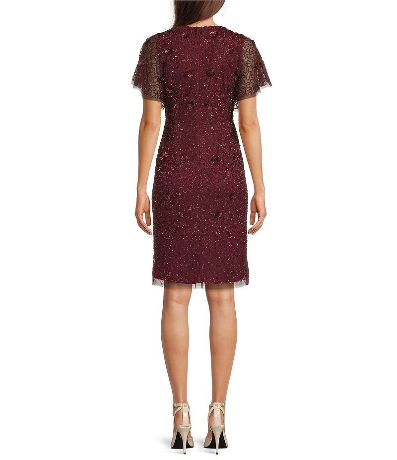 Adrianna Papell Beaded Flutter Sleeve Mesh Dress