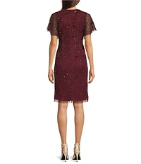 Adrianna Papell Beaded Flutter Sleeve Mesh Dress