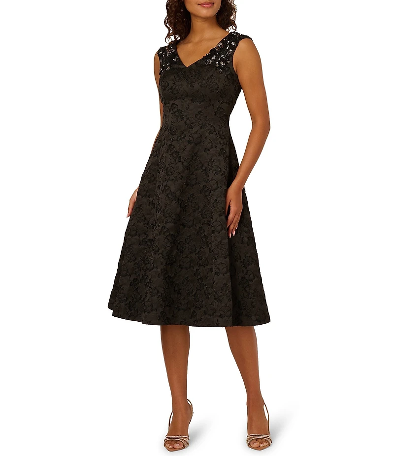 Adrianna Papell Beaded Jacquard Sleeveless Midi Dress