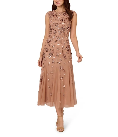Adrianna Papell Beaded Mesh Boat Neck Cap Sleeve Dress