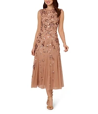 Adrianna Papell Beaded Mesh Boat Neck Cap Sleeve Dress
