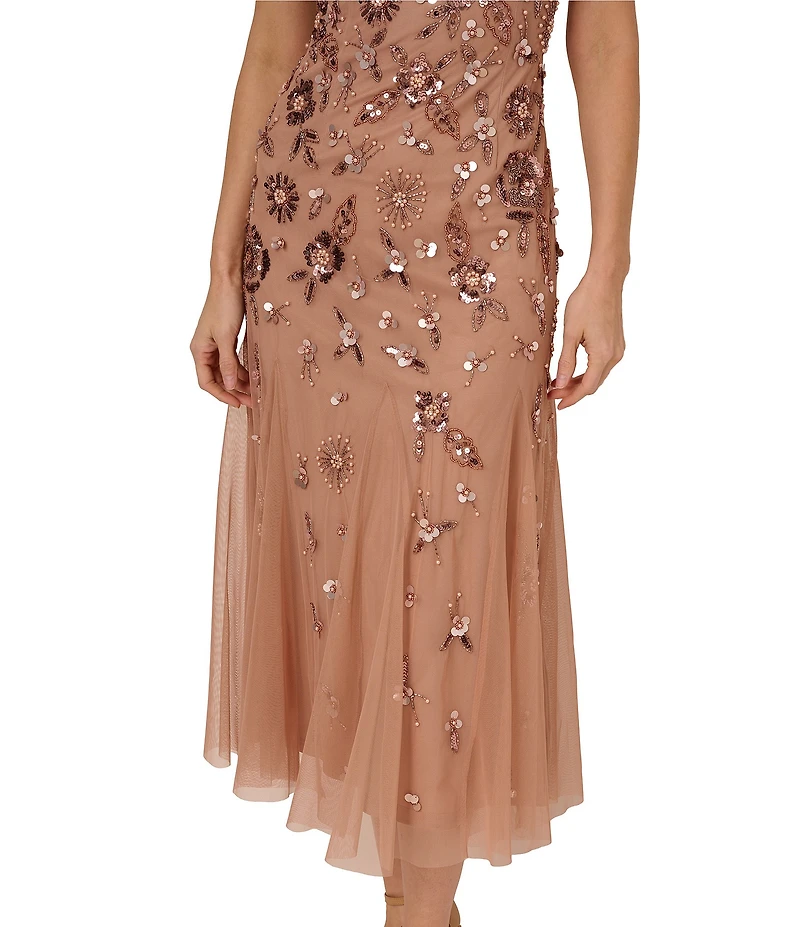 Adrianna Papell Beaded Mesh Boat Neck Cap Sleeve Dress