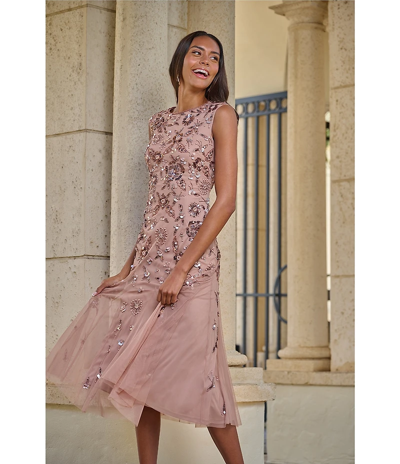 Adrianna Papell Beaded Mesh Boat Neck Cap Sleeve Dress
