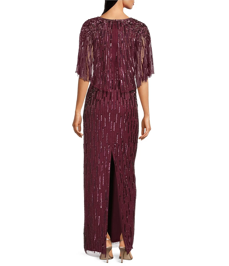 Adrianna Papell Beaded Mesh Boat Neck Cape Sleeve Long Dress