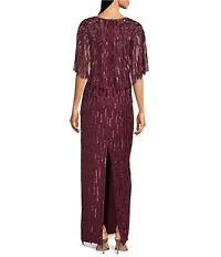 Adrianna Papell Beaded Mesh Boat Neck Cape Sleeve Long Dress