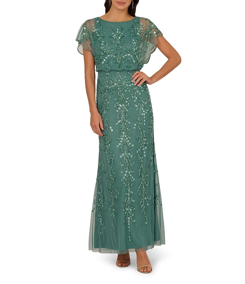 Adrianna Papell Beaded Mesh Boat Neck Flutter Sleeve Blouson Dress