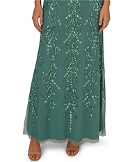 Adrianna Papell Beaded Mesh Boat Neck Flutter Sleeve Blouson Dress