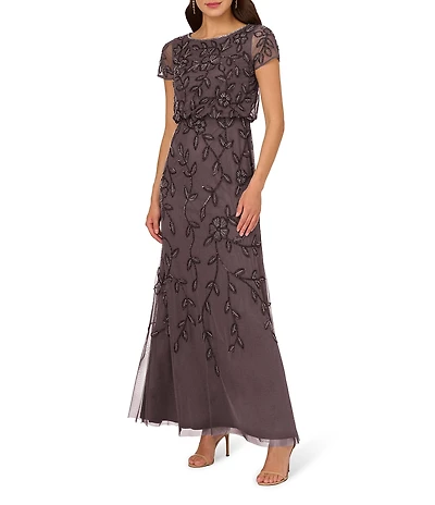 Adrianna Papell Beaded Mesh Boat Neck Short Sleeve Blouson Dress
