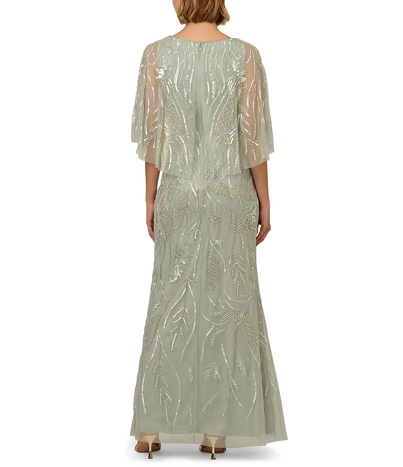 Adrianna Papell Beaded Mesh Boat Neck Sleeveless Cape Detail Mermaid Dress