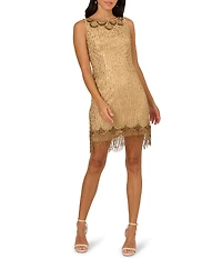 Adrianna Papell Beaded Mesh Boat Neck Sleeveless Fringe Sheath Dress
