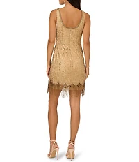 Adrianna Papell Beaded Mesh Boat Neck Sleeveless Fringe Sheath Dress