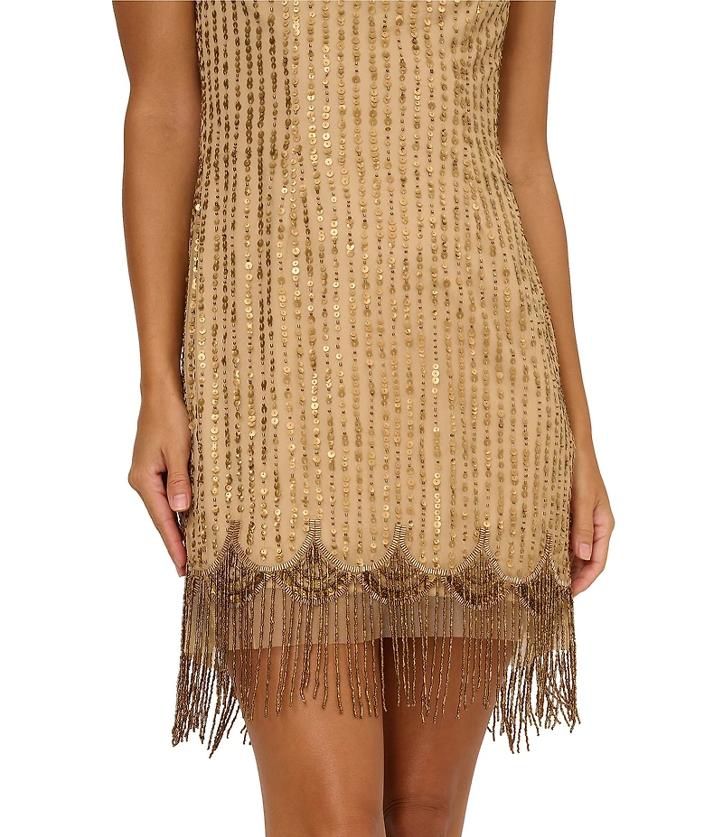 Adrianna Papell Beaded Mesh Boat Neck Sleeveless Fringe Sheath Dress
