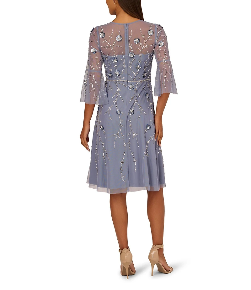 Adrianna Papell Beaded Mesh Crew Neck 3/4 Bell Sleeve Midi Dress