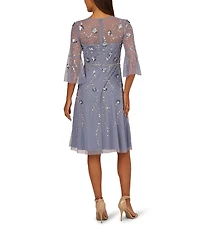 Adrianna Papell Beaded Mesh Crew Neck 3/4 Bell Sleeve Midi Dress