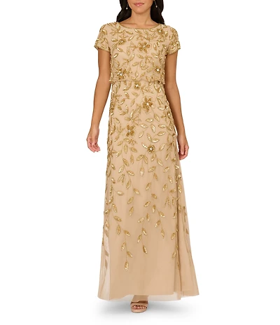 Adrianna Papell Beaded Mesh Crew Neck Short Sleeve Blouson Long Dress