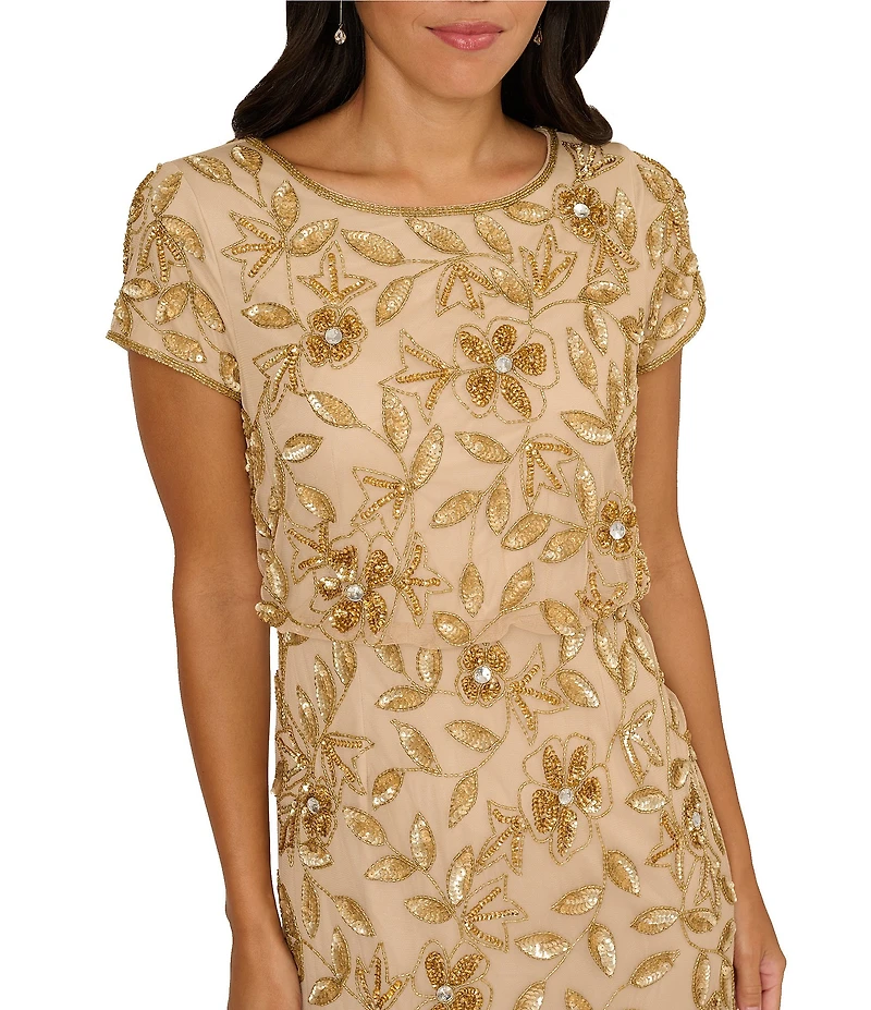 Adrianna Papell Beaded Mesh Crew Neck Short Sleeve Blouson Long Dress