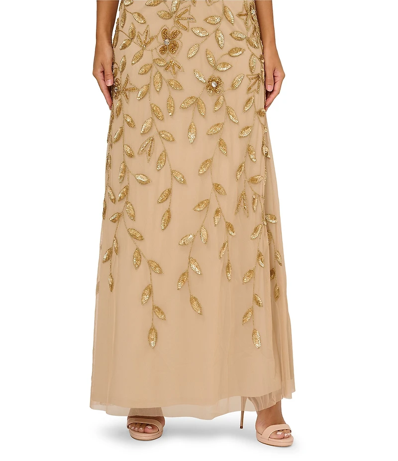 Adrianna Papell Beaded Mesh Crew Neck Short Sleeve Blouson Long Dress