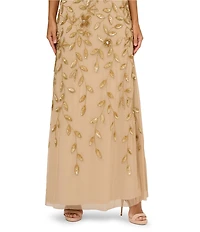Adrianna Papell Beaded Mesh Crew Neck Short Sleeve Blouson Long Dress
