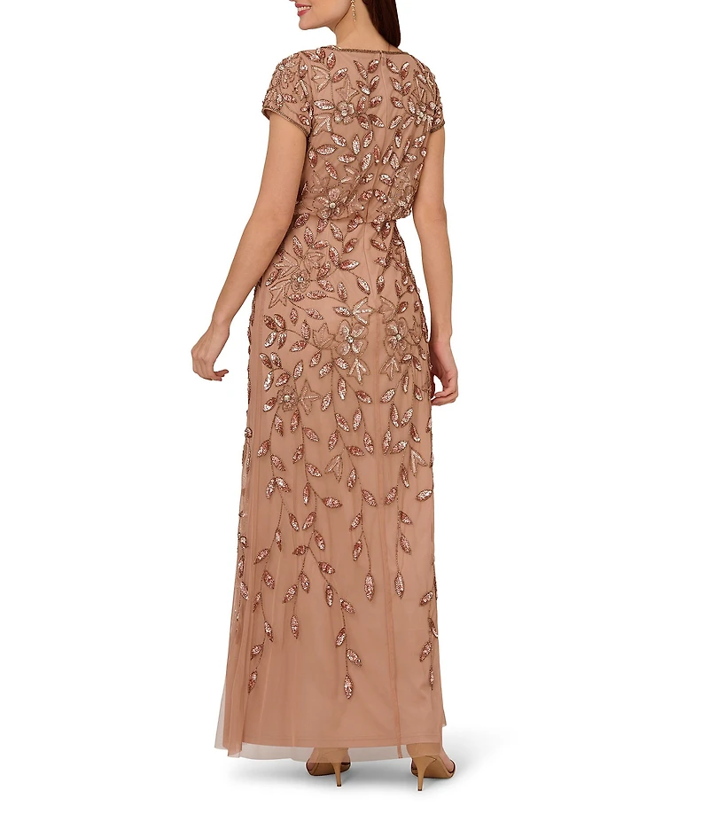 Adrianna Papell Beaded Mesh Crew Neck Short Sleeve Blouson Long Dress